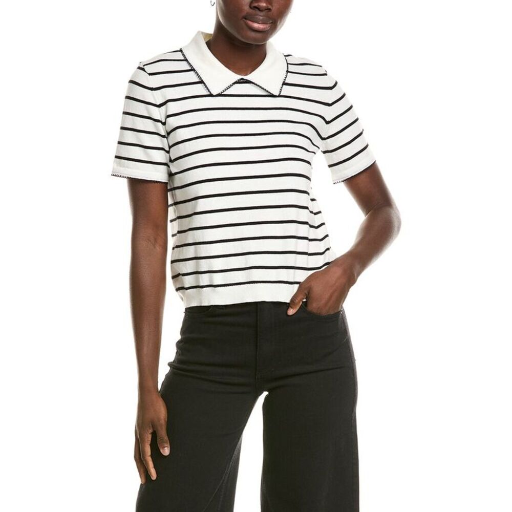 Cece Womens Stripe Contrast Trim Collar Top, Ivory